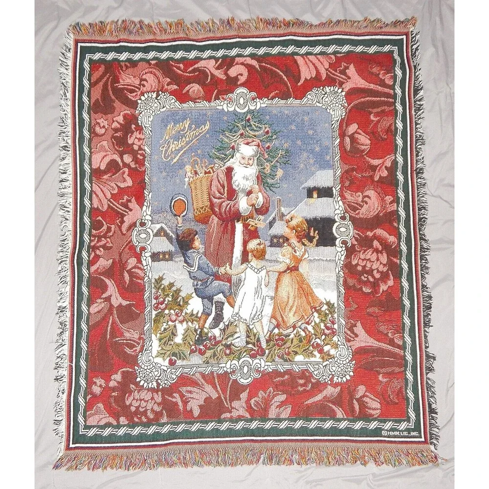 Merry Christmas Santa Claus With Children Woven Fringed Thrown 44x53 By Hallmark